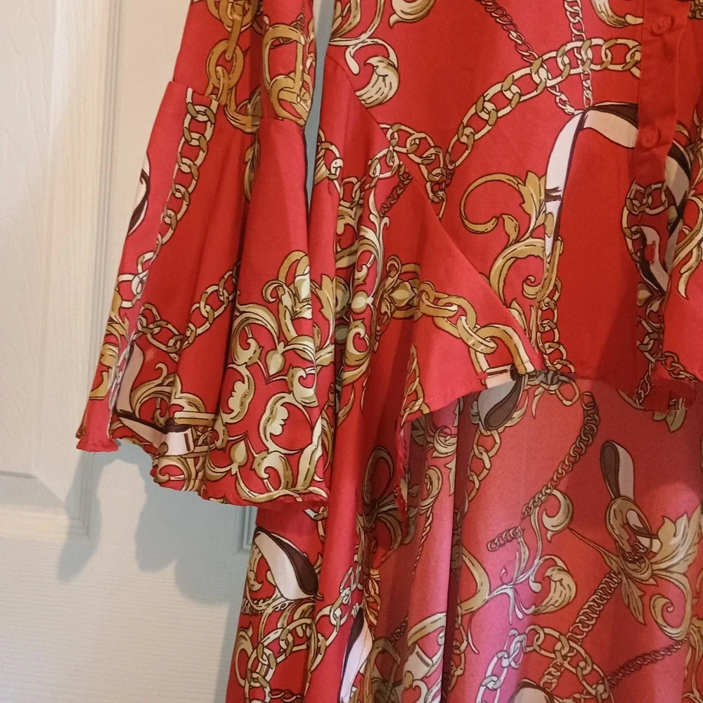 Truth Small VERSACE Inspired Chain Print Hi‎ Low Shirt Dress Tunic Red Gold S - Picture 7 of 15